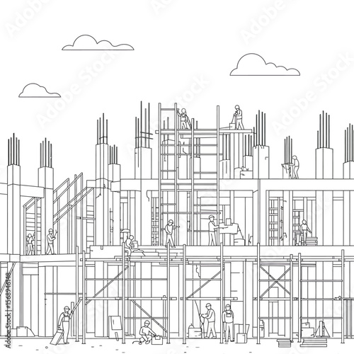 Construction workers building a multi-story building with scaffolding under a cloudy sky, depicted in a line drawing.