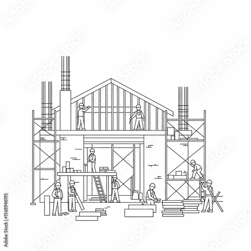 Construction workers building a house, various stages of framing and finishing.