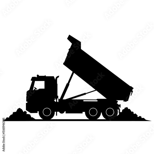 A black silhouette of a dump truck unloading its cargo, possibly earth or gravel, onto the ground.