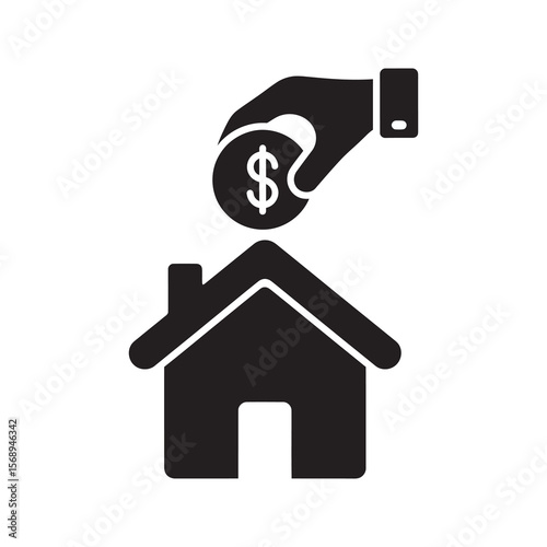 Home investment glyph icon with a hand putting a coin into a house for mortgage payment real estate savings and property down payment concept