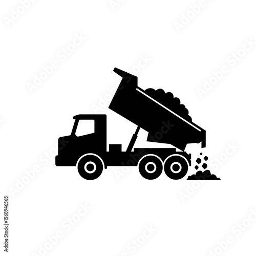 Dump truck unloading gravel, construction, heavy machinery, silhouette.
