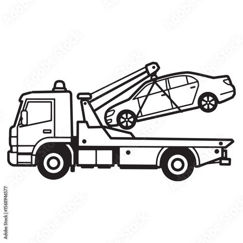Black and white illustration of a tow truck lifting a car for roadside assistance.