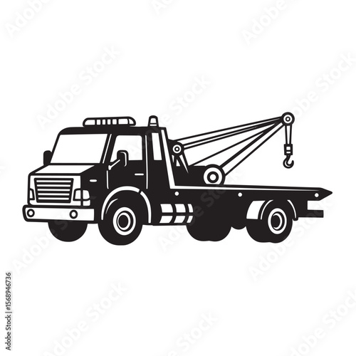 Black and white illustration of a tow truck on a rescue mission for roadside assistance