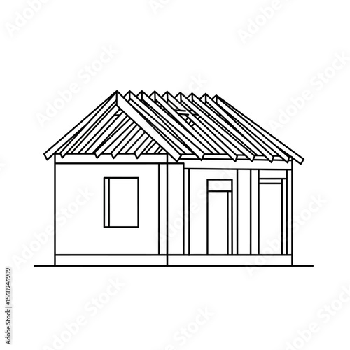 Simple line drawing of a house under construction, showing roof trusses and exterior walls.