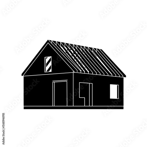 Silhouette of a simple house with a gabled roof, windows, and open door.