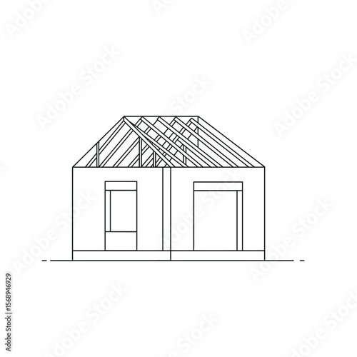 House under construction, showing framing and roof trusses.  Simple line drawing of a home's skeletal structure.