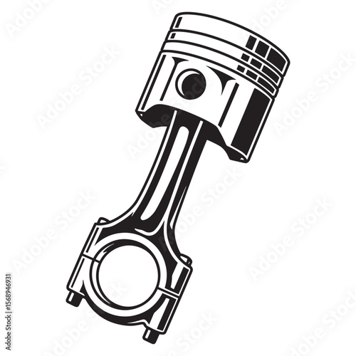 Black and white illustration of an engine piston and connecting rod mechanical part