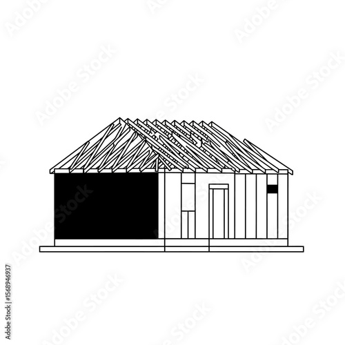 Line drawing of a house under construction, showing framing, roof structure, and a dark wall section.