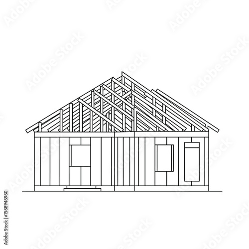 Simple line drawing of a house under construction, showing framework and roof structure.