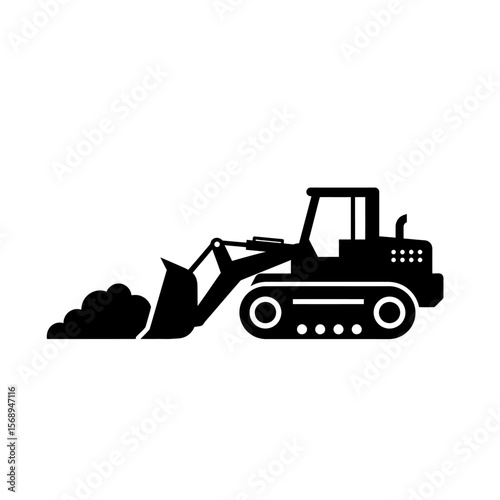 A black silhouette of a tracked bulldozer moving earth.
