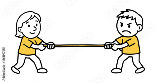Boy And Girl Playing Tug of War. Child Characters with Emotions, Simple Line Drawing Doodle, Hand-Drawn Vector Illustration
