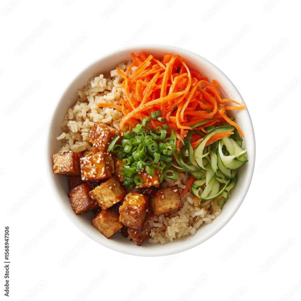 Delicious Tofu Bowl with Brown Rice, Carrots, and Cucumbers Delicious Tofu Bowl with Brown Rice, Carrots, and Cucumbers