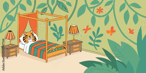 A vibrant jungle-themed bedroom featuring tiger and butterfly wallpaper, colourful  furniture, and cozy bedside lamps vector illustration.
