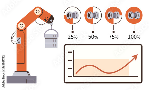 Robotic arm lifts an object, gear percentages show stages of production, and a progress chart tracks performance. Ideal for automation, industry, robotics, technology, efficiency, data analysis