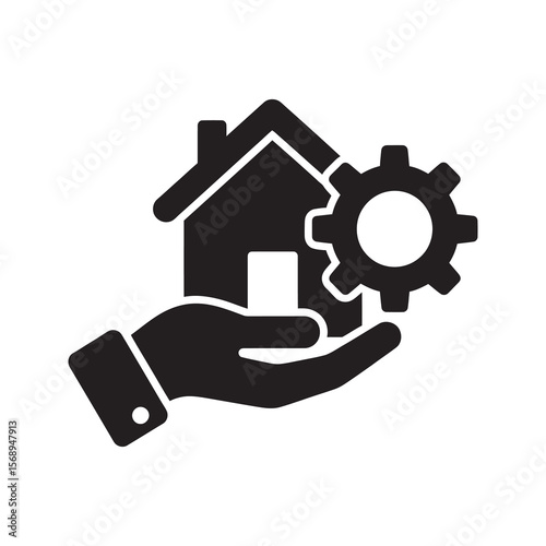 Property management glyph icon with a hand holding a house and gear for home maintenance service real estate development and construction