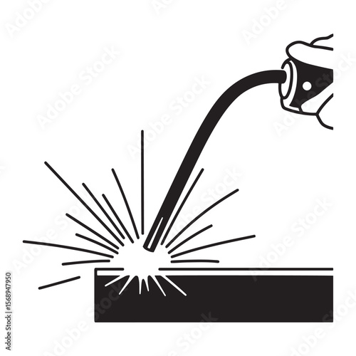 Black and white welding illustration showing sparks and a welding torch on a white background