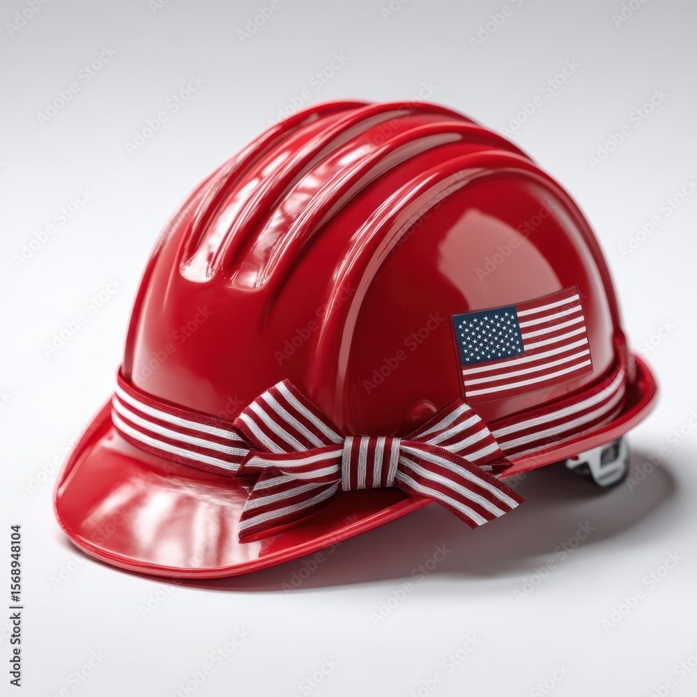 Fototapeta premium Red construction helmet with flag and patriotic bow