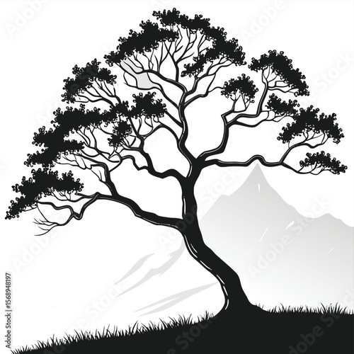 Majestic Silhouette: Tree and Mountain Landscape Illustration