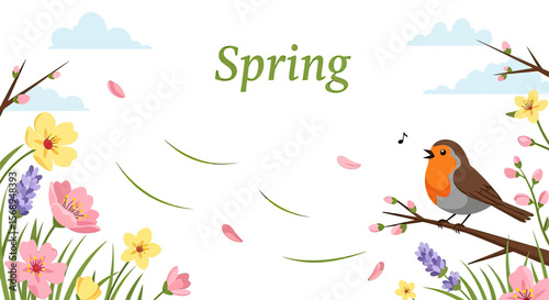 Spring Flowers and Robin Bird: A Vibrant Nature Illustration
