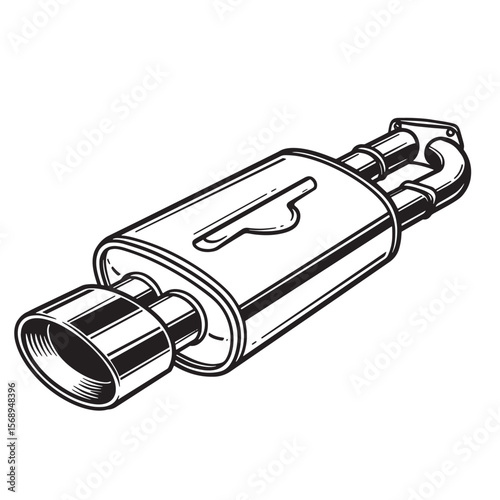 Detailed black and white illustration of a car exhaust system in vector format