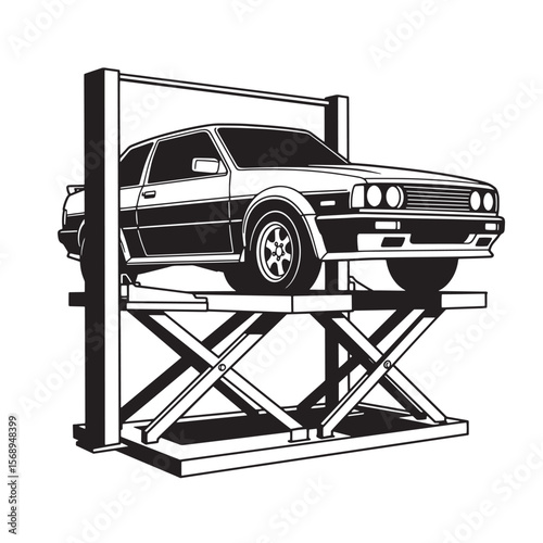 Classic car on a scissor lift for maintenance or automotive repair in black and white