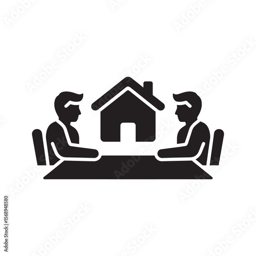 Real estate meeting glyph icon with people at a table discussing a house for mortgage negotiation property sale or agent client consultation