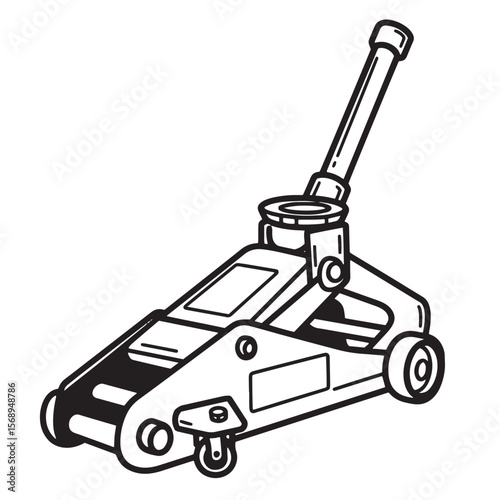 Detailed black and white illustration of a hydraulic floor jack for automotive maintenance