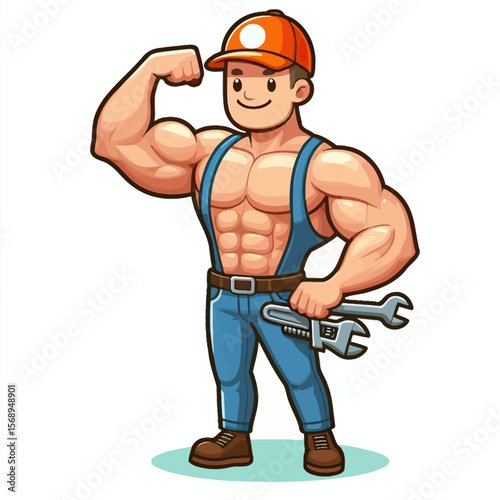 Muscular handyman flexing arm with tools