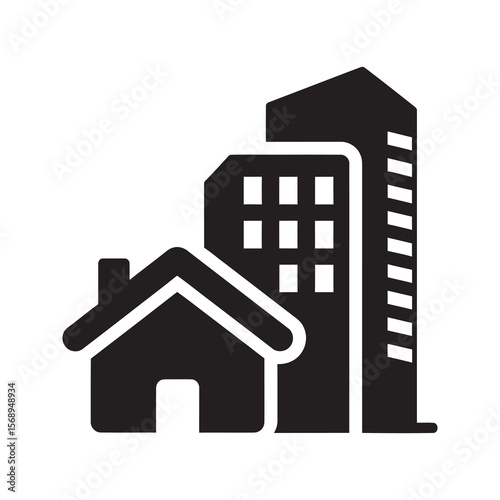 Residential property glyph icon with a house and apartment building for real estate development urban housing and city architecture concept