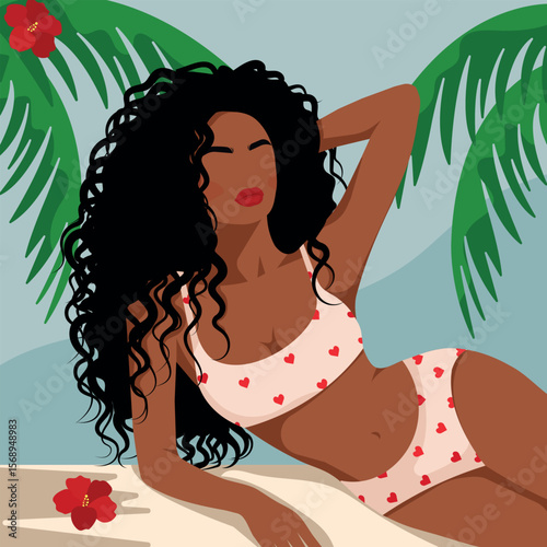 Stylish afro woman with long curly hair in a heart print bikini relaxing on a tropical beach. Summer vacation, self-care and travel vibes. Flat vector illustration with palm leaves and exotic flowers.