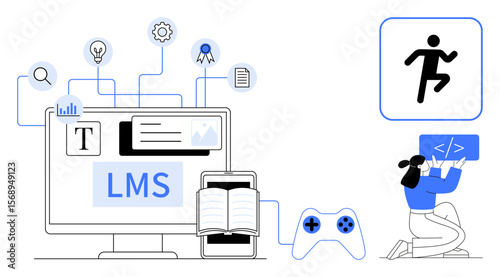 LMS on desktop, digital tools thumbs up certificates and resources, code learning, and gamification features. Ideal for education, e-learning, training, technology, skills development gamified
