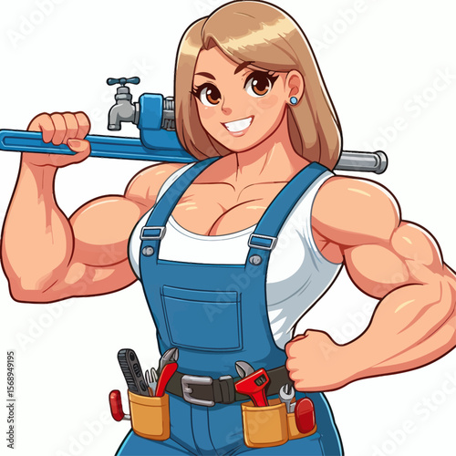 Muscular Woman Plumber Cartoon Illustration