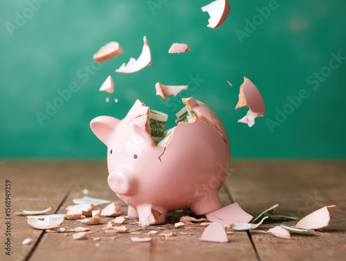 pink piggy bank shatters, releasing dollar bills, symbolizing breaking savings or financial loss.