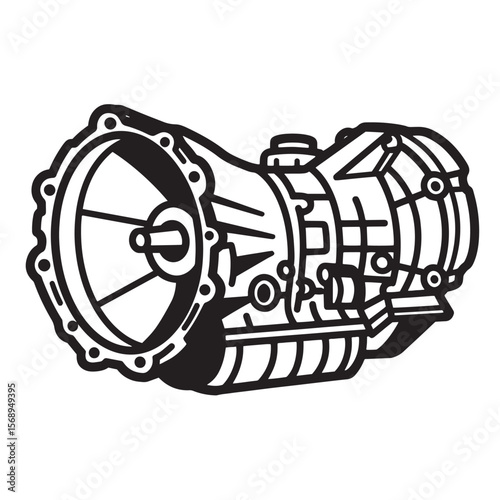 Detailed black and white line art illustration of a car transmission for automotive designs