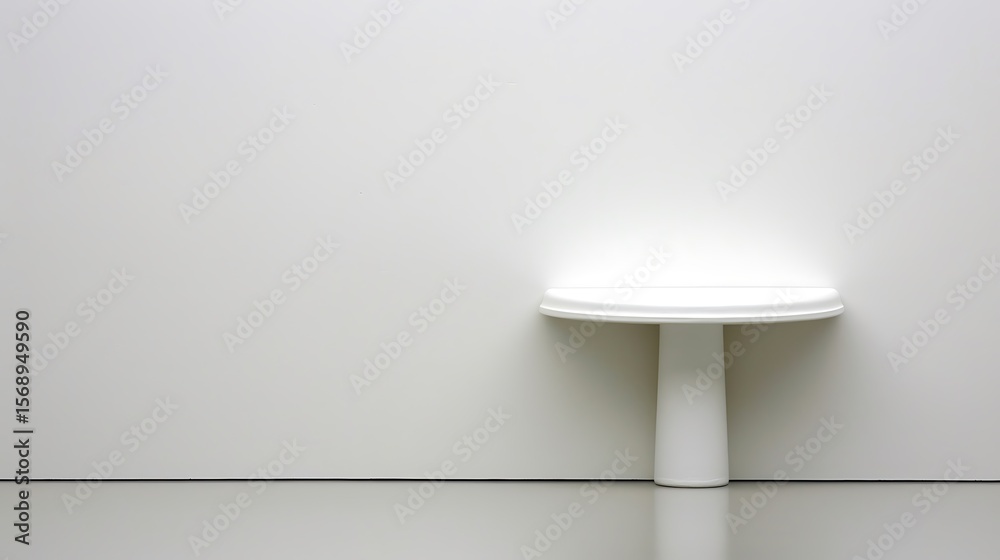 Obraz premium Monochromatic composition showcases a minimalist white table against a blank wall highlighting the