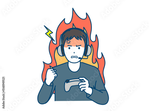 ゲームして怒る男性のイラスト