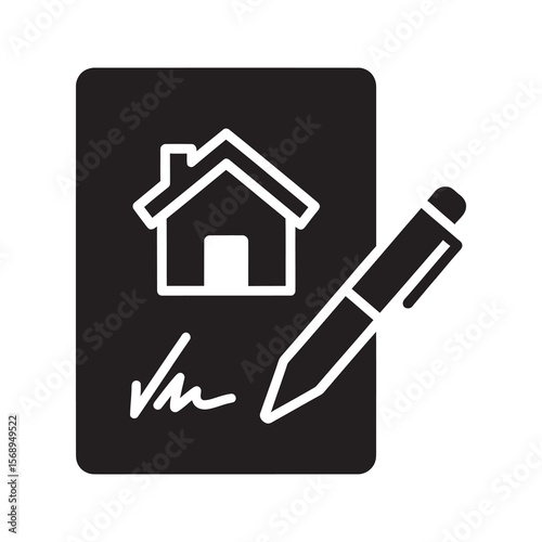 Contract signing glyph icon with a document signature and pen for a legal agreement business deal or official paper commitment process
