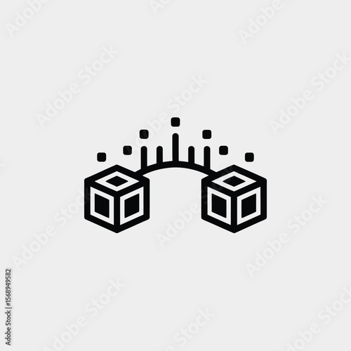 Minimalist black vector icon depicting two three dimensional cubes connected by a curved line with short vertical lines emanating upwards suggesting data transfer or connection