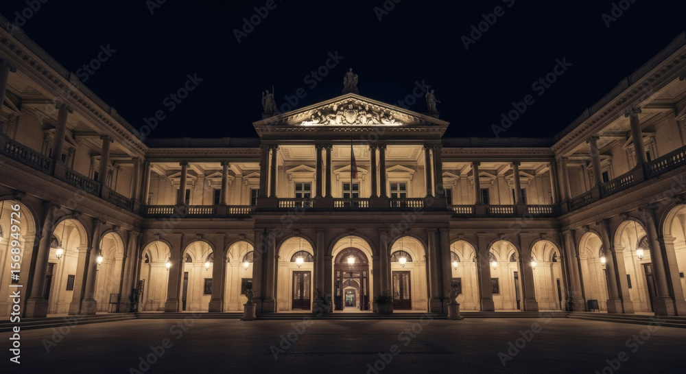 Obraz premium Grand Neoclassical Building at Night Illuminated Facade with Columns and Statues.
