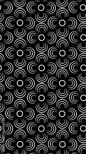 Seamless black and white pattern featuring concentric arcs forming floral shapes in a symmetrical, geometric, and modern design