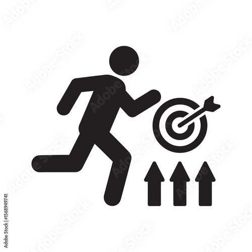 Goal achievement glyph icon with a person running toward a target for ambition career development business objective and success strategy