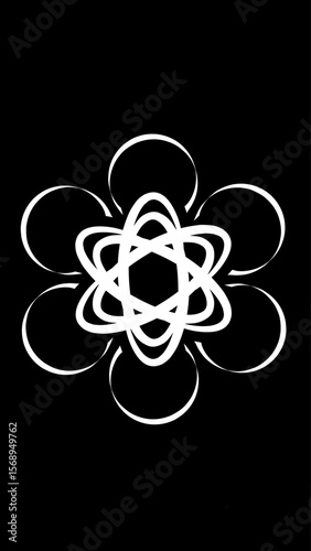 A white geometric design featuring overlapping elliptical shapes and circles, forming a symmetrical floral-like pattern on a black background