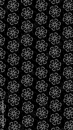 Seamless black background pattern featuring white, abstract floral swirl designs arranged in a diagonal grid layout