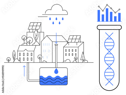 Rainwater harvesting system in urban buildings with solar panels, data analysis chart, and DNA strand in test tube. Ideal for sustainability, biotech, research, renewable energy, innovation