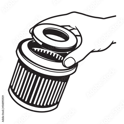Hand holding and installing an air filter illustration in black and white isolated