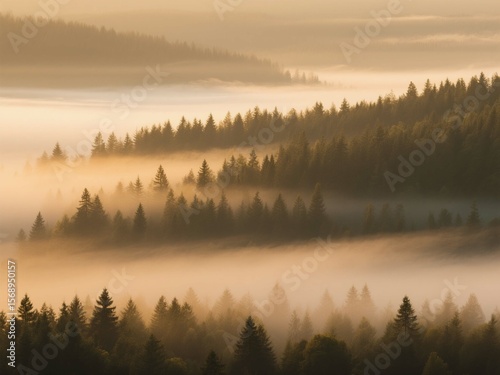 Layers of fog roll over a pine forest during sunrise, bathing the landscape in warm golden light. This serene scene is perfect for nature backgrounds, meditation visuals, calming prints
