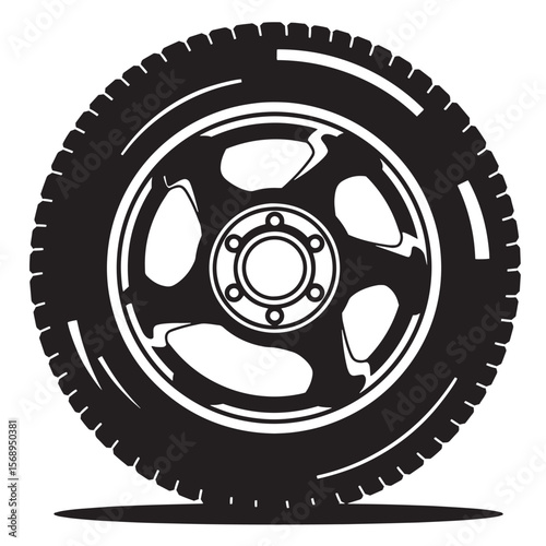 Illustrated black and white car tire with detailed rim and tread pattern for automotive design