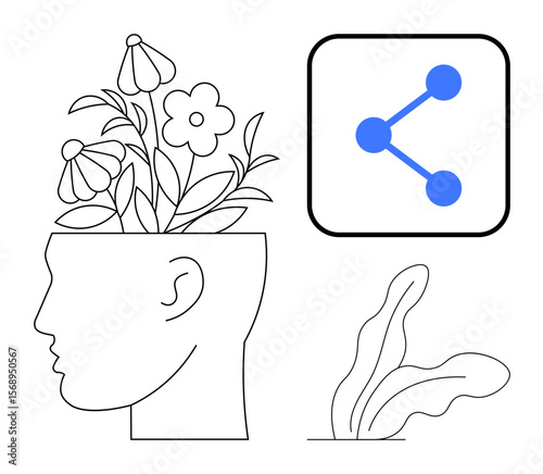 Face profile with flowers growing inside head, sharing icon with connected dots, and abstract plant. Ideal for creativity, growth, mindfulness, nature, communication, mental health simple landing