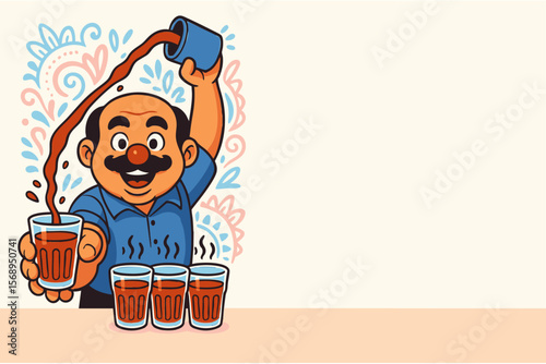 “Indian Chaiwala Cartoon Illustration – Tea Seller Pouring Hot Chai with Glasses”
