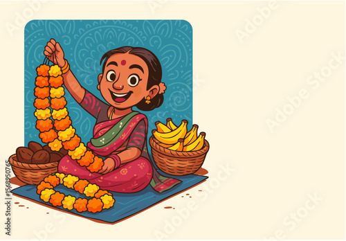 Smiling Flower Seller with Marigold Garlands – South Indian Street Culture Illustration.